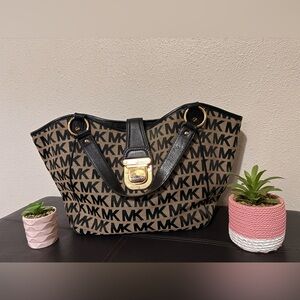 Michael Kors Black & Tan Signature Canvas Gold Accents Leather Tote Shoulder Bag